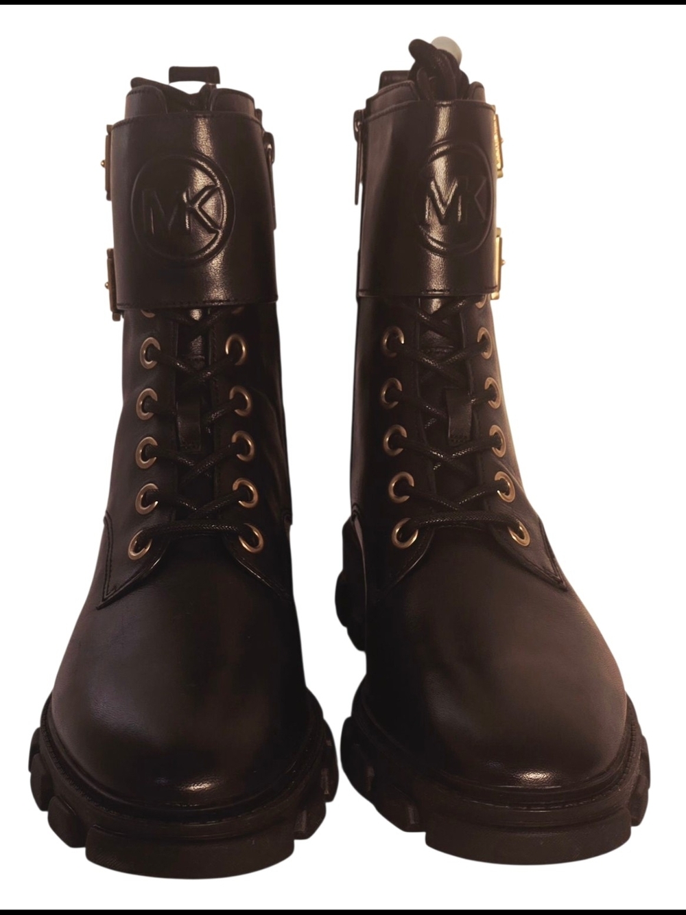 Michael Kors Black Leather Combat Boots Gold Hardware Lug Sole Moto Size 8 - Picture 2 of 8